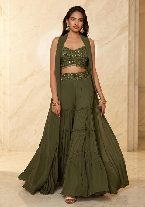 Olive Green Embroidered Handwork Fusion Set