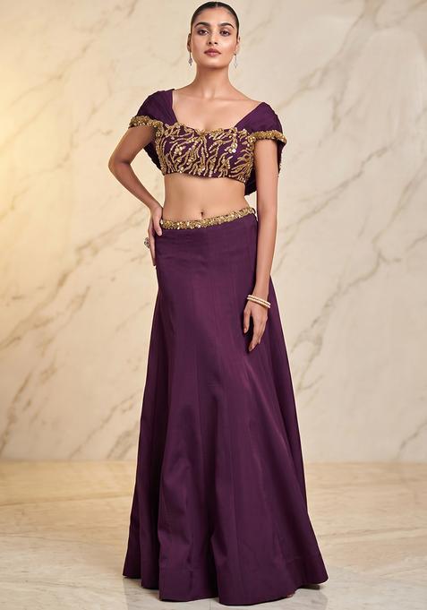 Wine Embroidered Handwork Lehenga Set