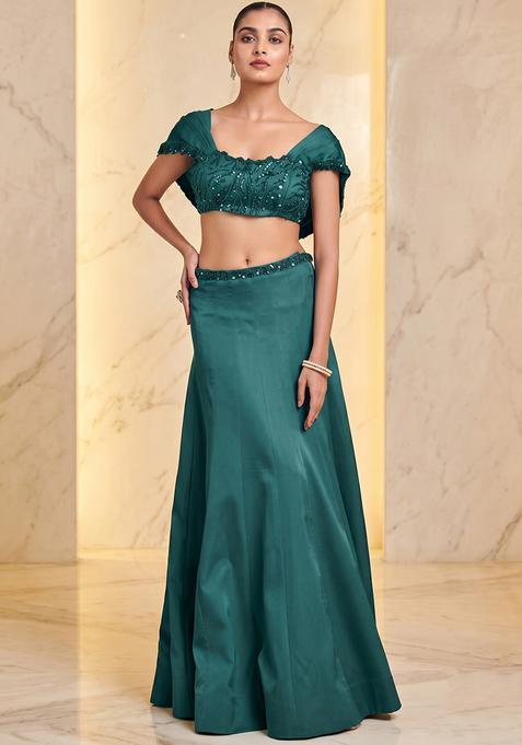 Teal Green Embroidered Handwork Lehenga Set