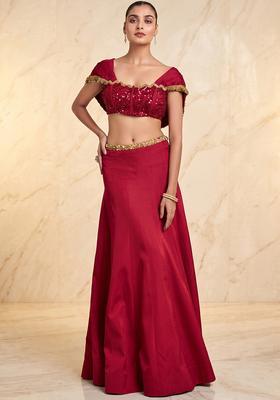 Crimson Red Embroidered Handwork Lehenga Set