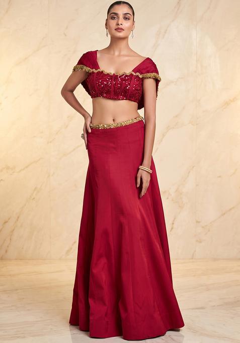 Crimson Red Embroidered Handwork Lehenga Set