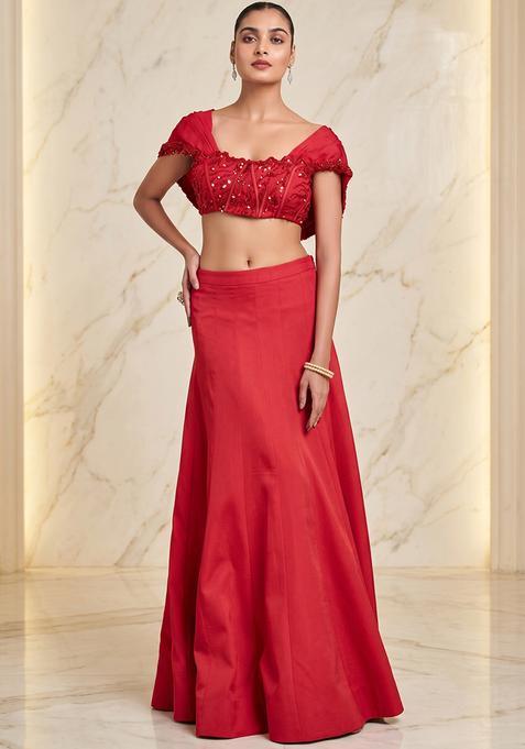 Chilli Red Embroidered Handwork Lehenga Set
