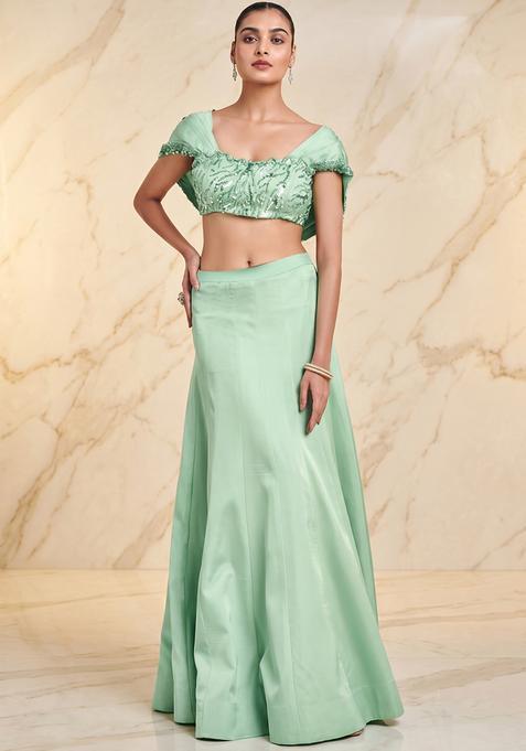 Mint Green Embroidered Handwork Lehenga Set