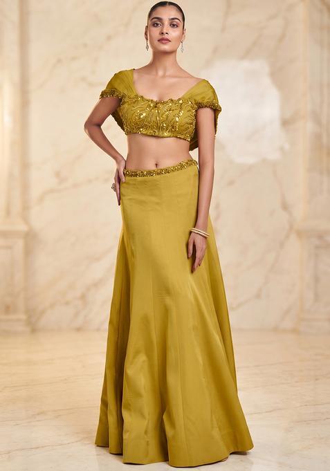 Mustard Yellow Embroidered Handwork Lehenga Set