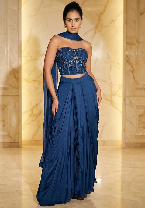 Royal Blue Embroidered Handwork Fusion Set
