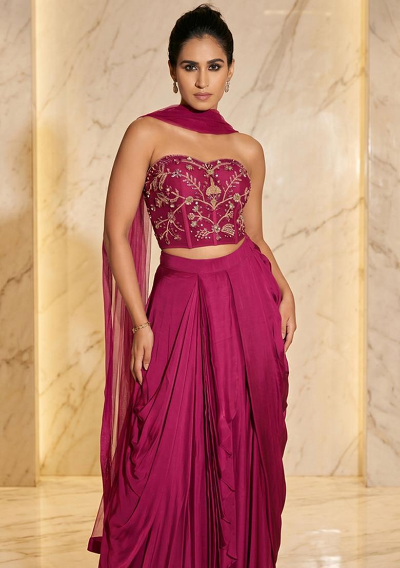 Magenta Pink Embroidered Handwork Fusion Set - Indya
