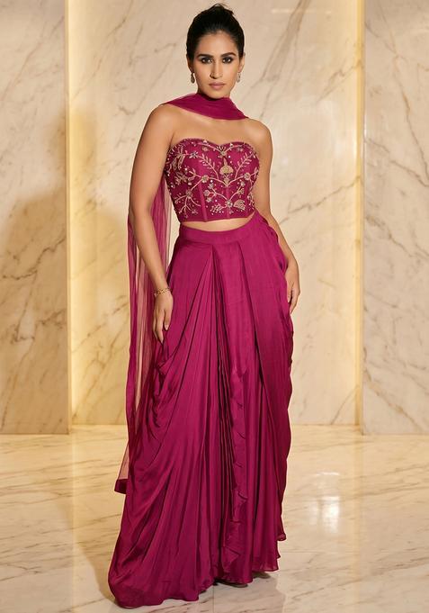 Magenta Pink Embroidered Handwork Fusion Set