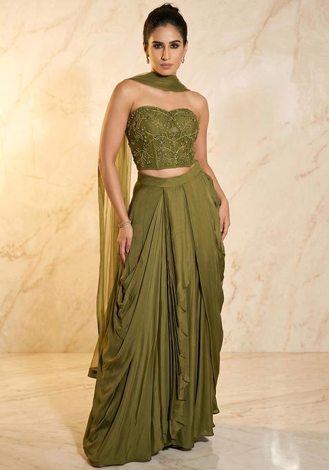 Olive Green Embroidered Handwork Fusion Set