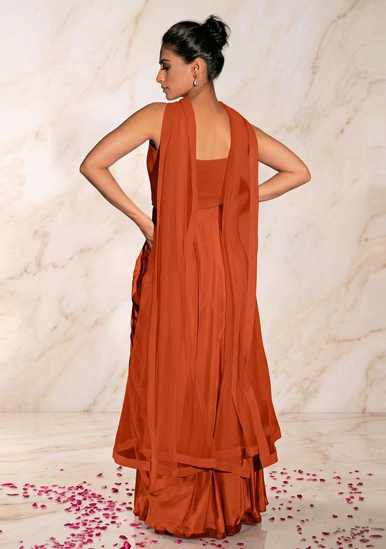 Rust Orange Embroidered Handwork Fusion Set - Indya