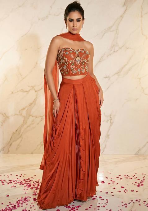 Rust Orange Embroidered Handwork Fusion Set
