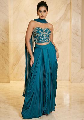 Teal Blue Embroidered Handwork Fusion Set
