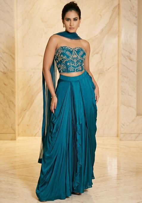 Teal Blue Embroidered Handwork Fusion Set