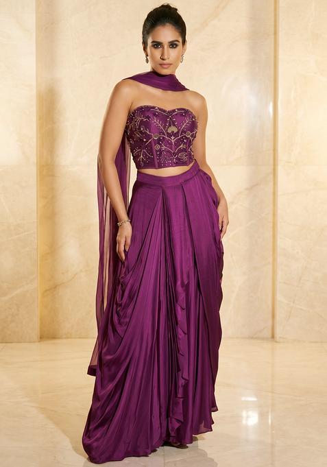 Wine Purple Embroidered Handwork Fusion Set