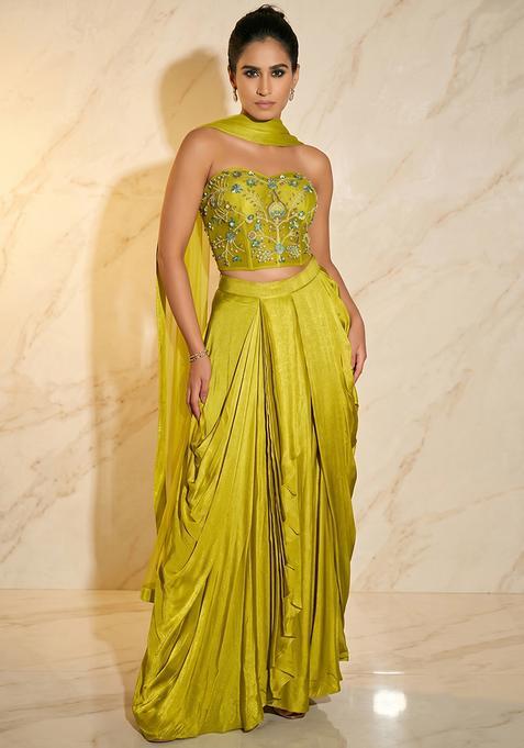 Lime Green Embroidered Handwork Fusion Set