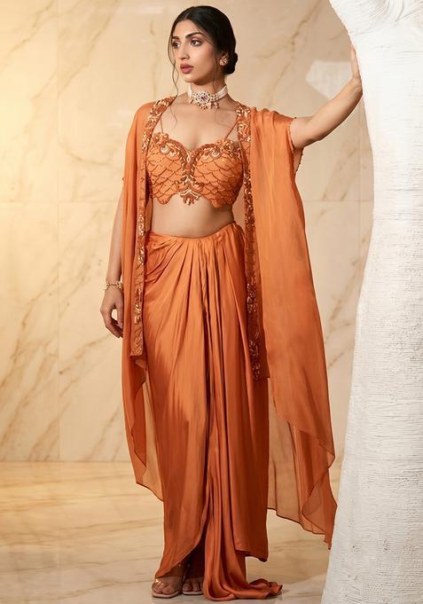Rust Orange Embroidered Handwork Fusion Set