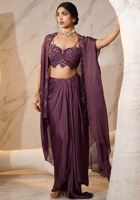 Purple Embroidered Handwork Fusion Set