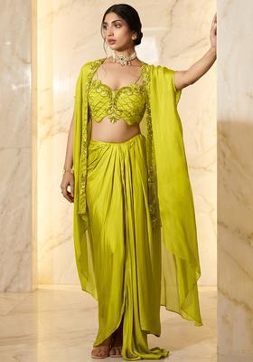 Lime Green Embroidered Handwork Fusion Set