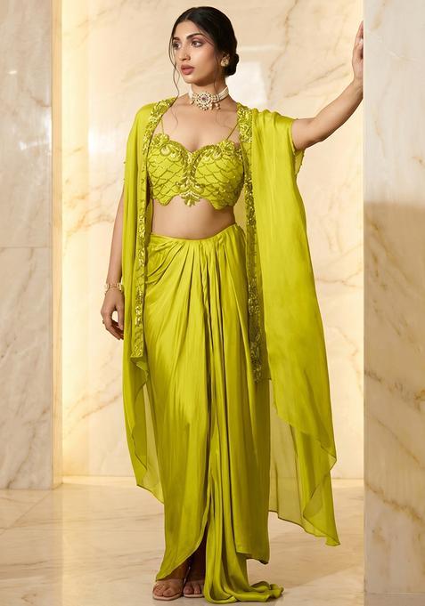 Lime Green Embroidered Handwork Fusion Set