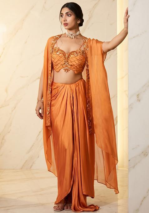 Orange Embroidered Handwork Fusion Set
