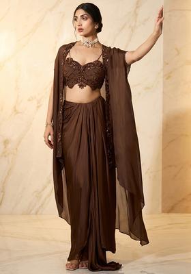 Coffee Brown Embroidered Handwork Fusion Set