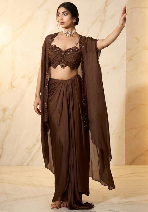 Coffee Brown Embroidered Handwork Fusion Set
