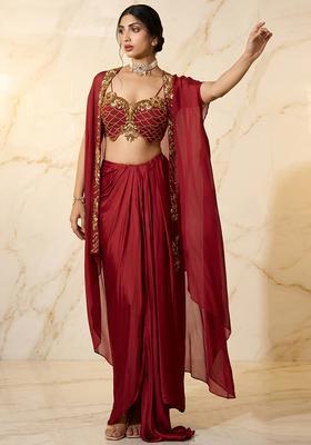 Maroon Embroidered Handwork Fusion Set