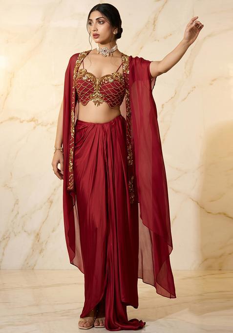 Maroon Embroidered Handwork Fusion Set