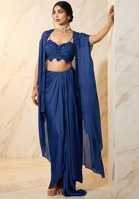 Navy Blue Embroidered Handwork Fusion Set