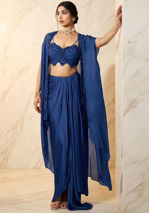 Navy Blue Embroidered Handwork Fusion Set
