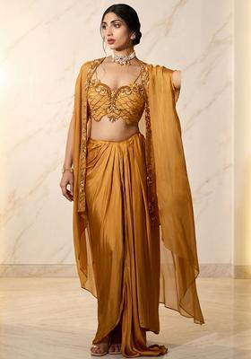 Mustard Yellow Embroidered Handwork Pre Draped Saree Set