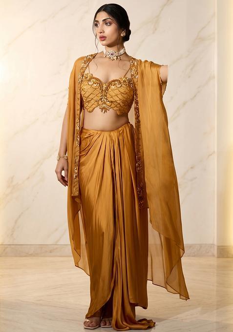 Mustard Yellow Embroidered Handwork Pre Draped Saree Set