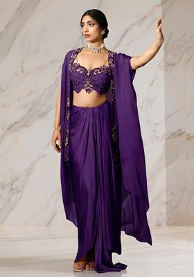Dark Purple Embroidered Handwork Pre Draped Saree Set