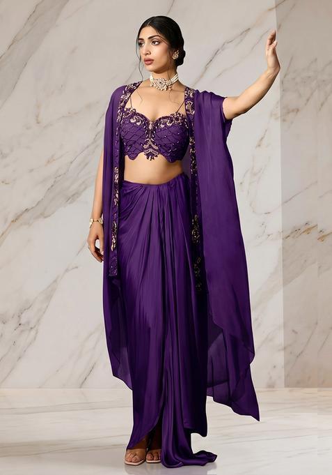 Dark Purple Embroidered Handwork Pre Draped Saree Set