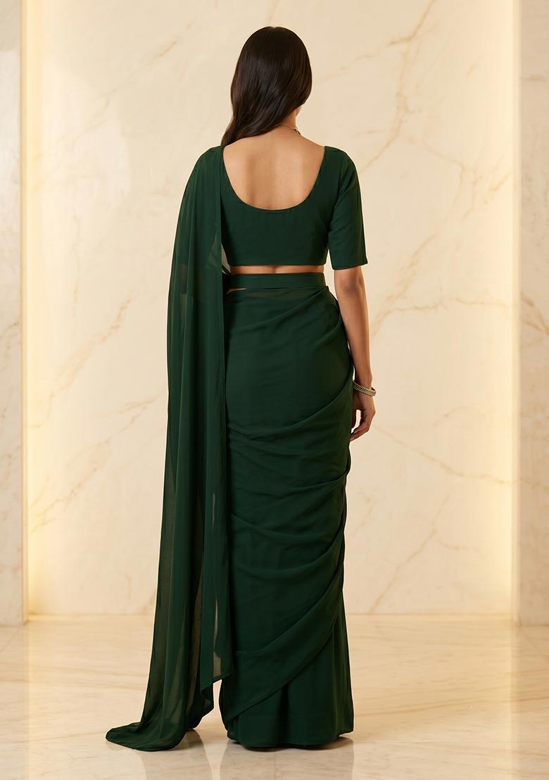 Forest Green Embroidered Handwork Pre Draped Saree Set - Indya