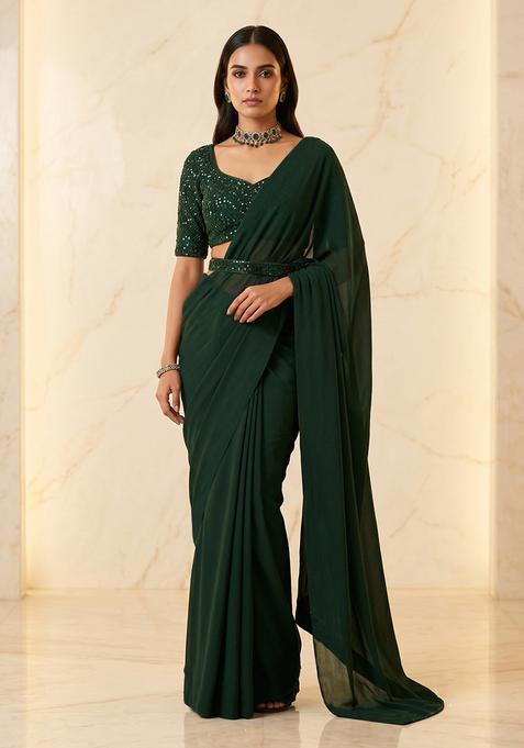Forest Green Embroidered Handwork Pre Draped Saree Set