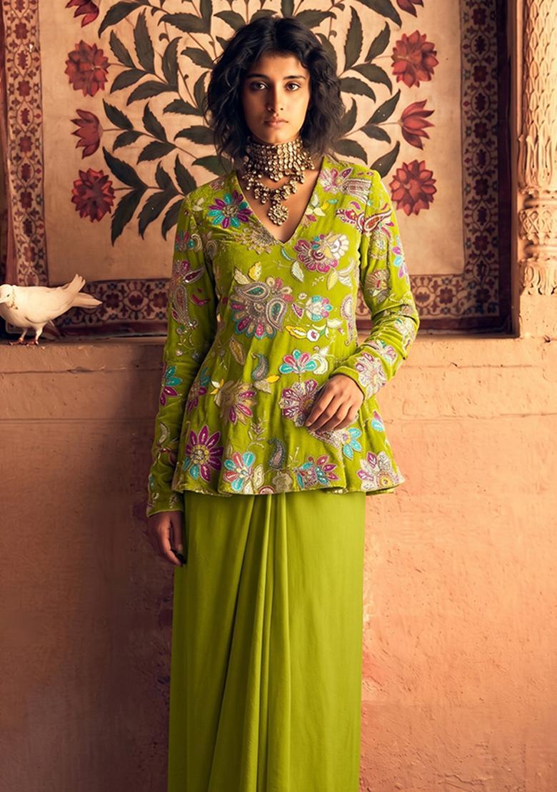 Lime Green Printed Crepe Fusion Set - Indya