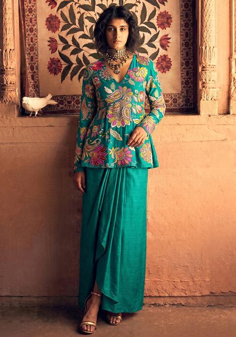 Turquoise Green Printed Crepe Fusion Set