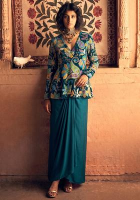 Teal Green Printed Crepe Fusion Set