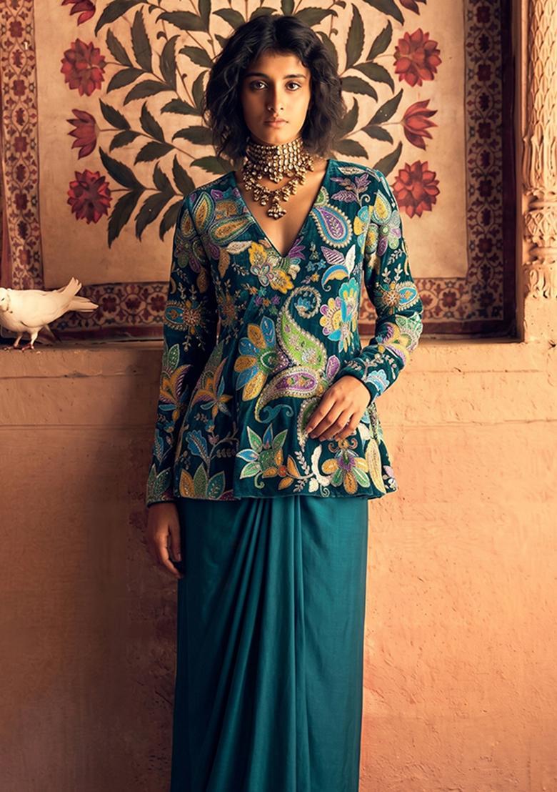 Teal Green Printed Crepe Fusion Set - Indya