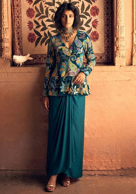 Teal Green Printed Crepe Fusion Set