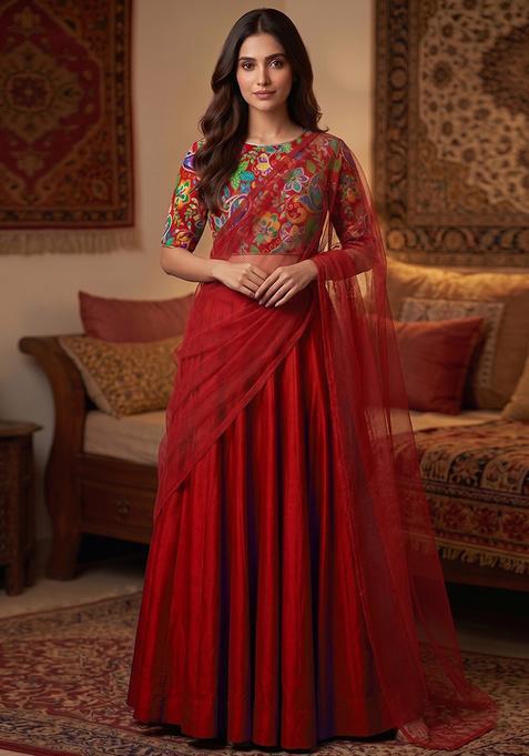 Royal Blue Printed Crepe Lehenga Set