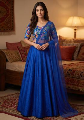 Royal Blue Printed Crepe Lehenga Set