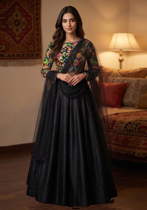 Jet Black Printed Crepe Lehenga Set