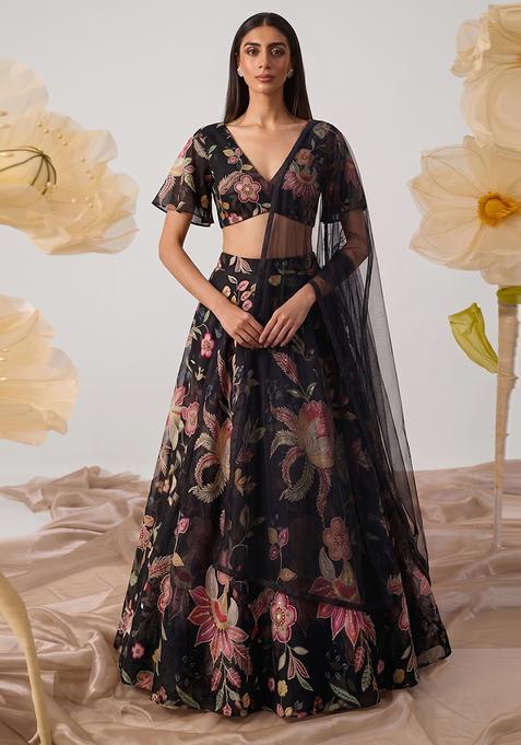 Jet Black Embroidered Cosmos Lehenga Set