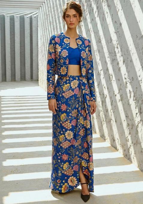 Royal Blue Printed Crepe Fusion Set