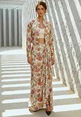 Ivory Printed Crepe Fusion Set