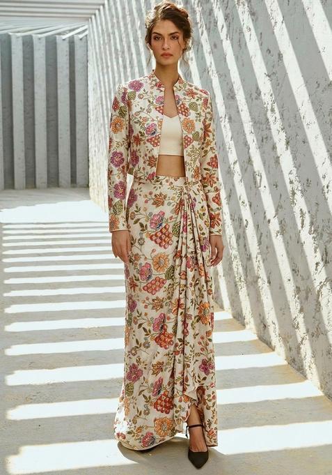 Ivory Printed Crepe Fusion Set