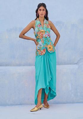 Turquoise Embroidered Silk Fusion Set