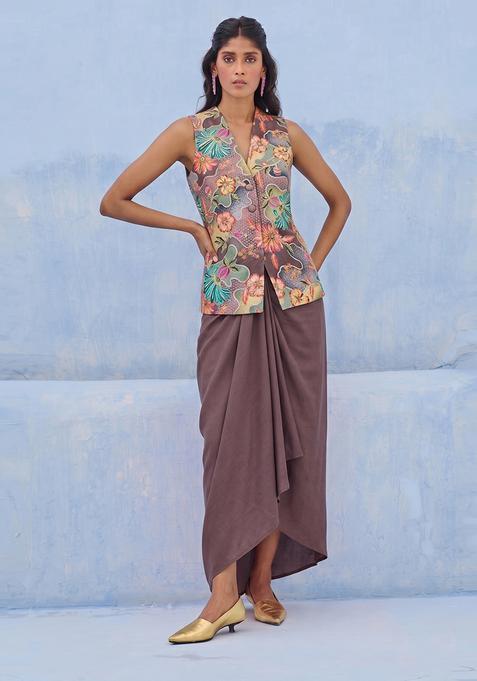 Brown Embroidered Silk Fusion Set