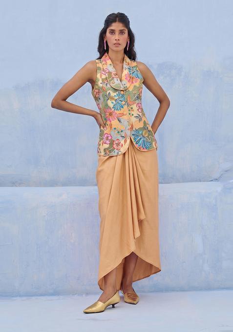 Peach Embroidered Silk Fusion Set
